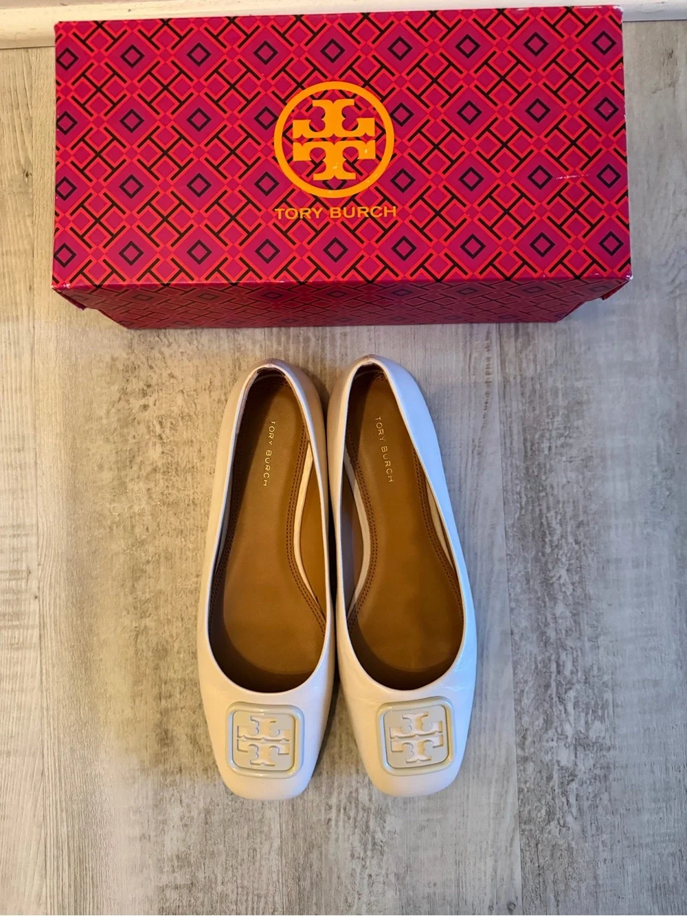Tory Burch Cream Logo Square-Toe Ballet Flats